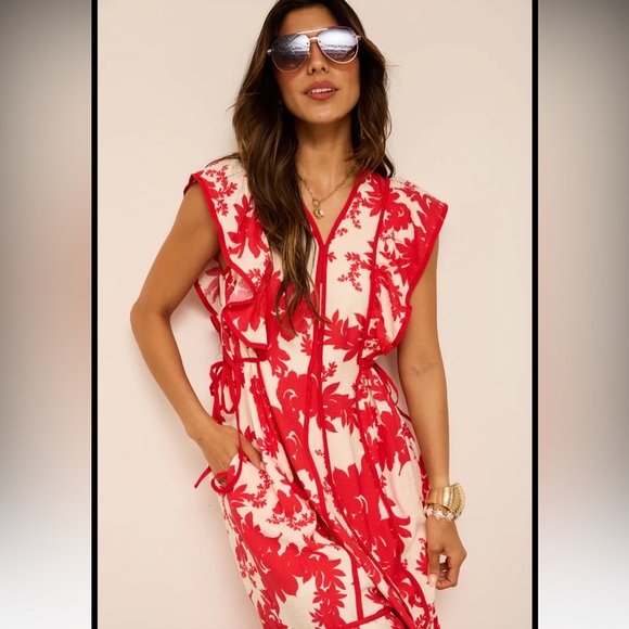 Jenna Floral Printed Midi Dress Red and White Women's Dress - Picture 2 of 6